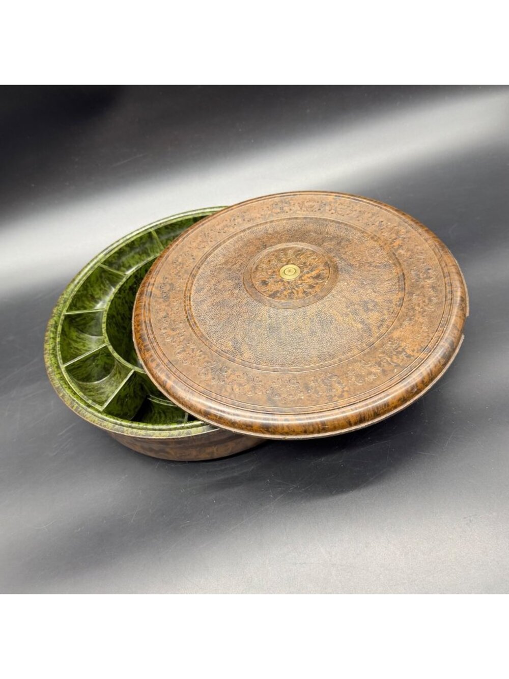 Vintage Bakelite Round Divided Sewing Box Green Brown Marbled Domart USA READ